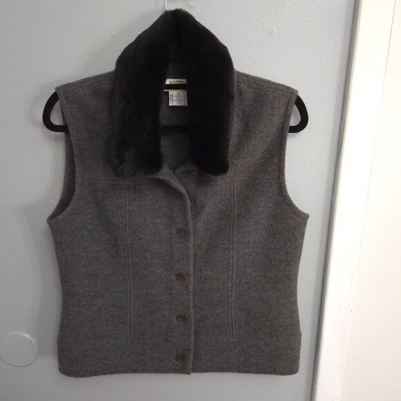 Talbots Gray 100% Wool‎ Detachable Black Faux Fur Collar Vtg Vest Size Med - Picture 2 of 9
